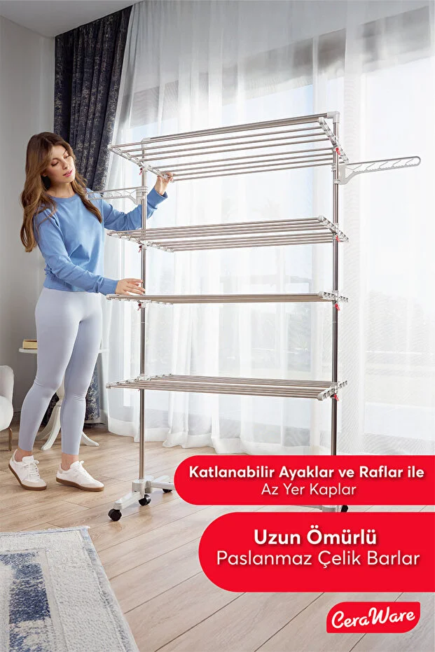 Home S4 Premium 4 Katlı Çamaşırlık Made in Korea Tam Katlanır Tekerlekli Çamaşır Kurutmalık